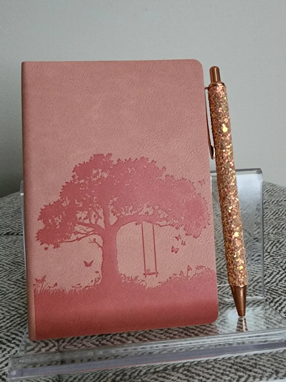 Blush Pink Tree-Embossed Faux Leather Journal with Rose Gold Glitter Pen